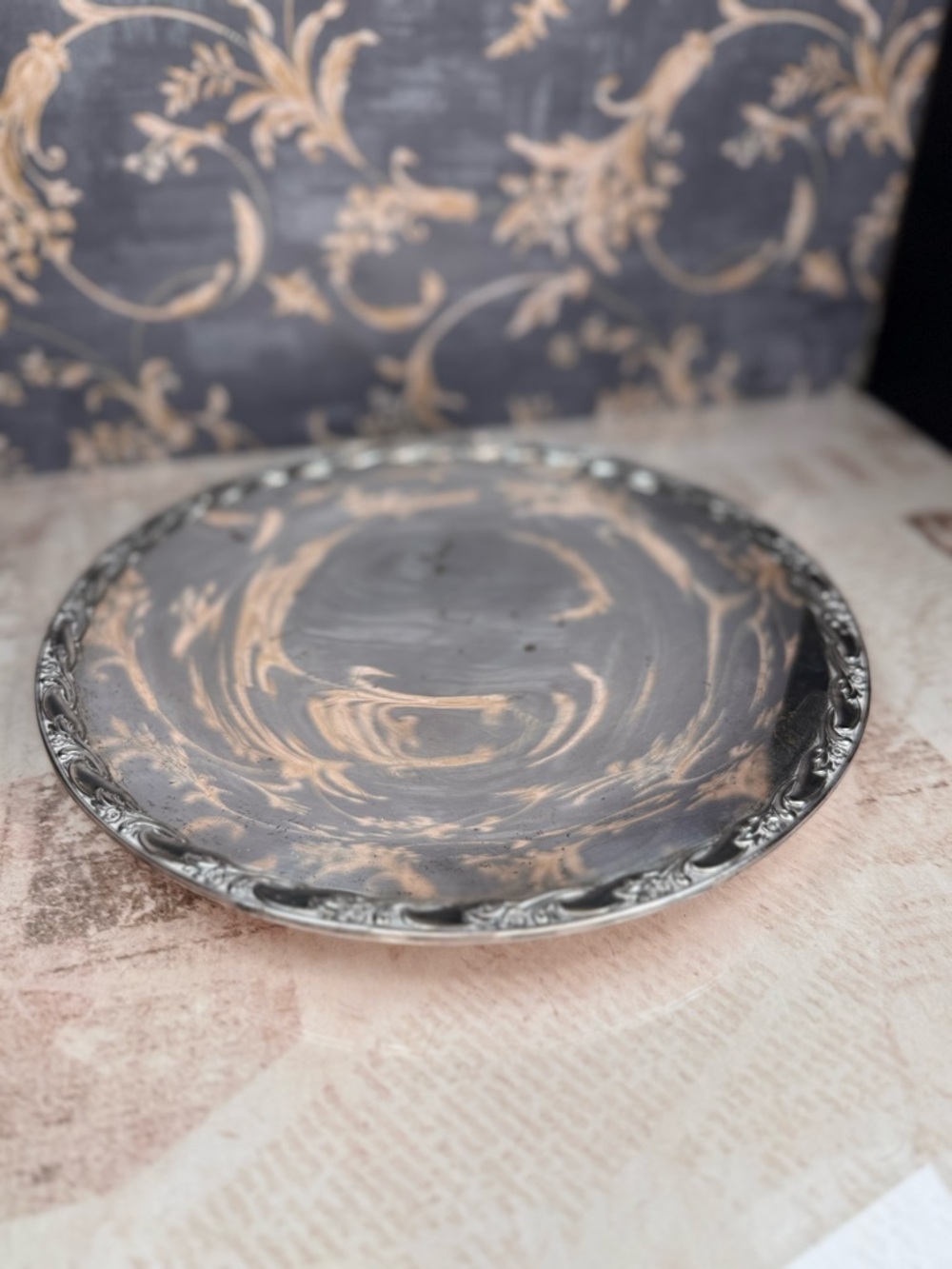 Vintage Silverplate Pedestal Tray Plate Ornate Rim Riser 10”
